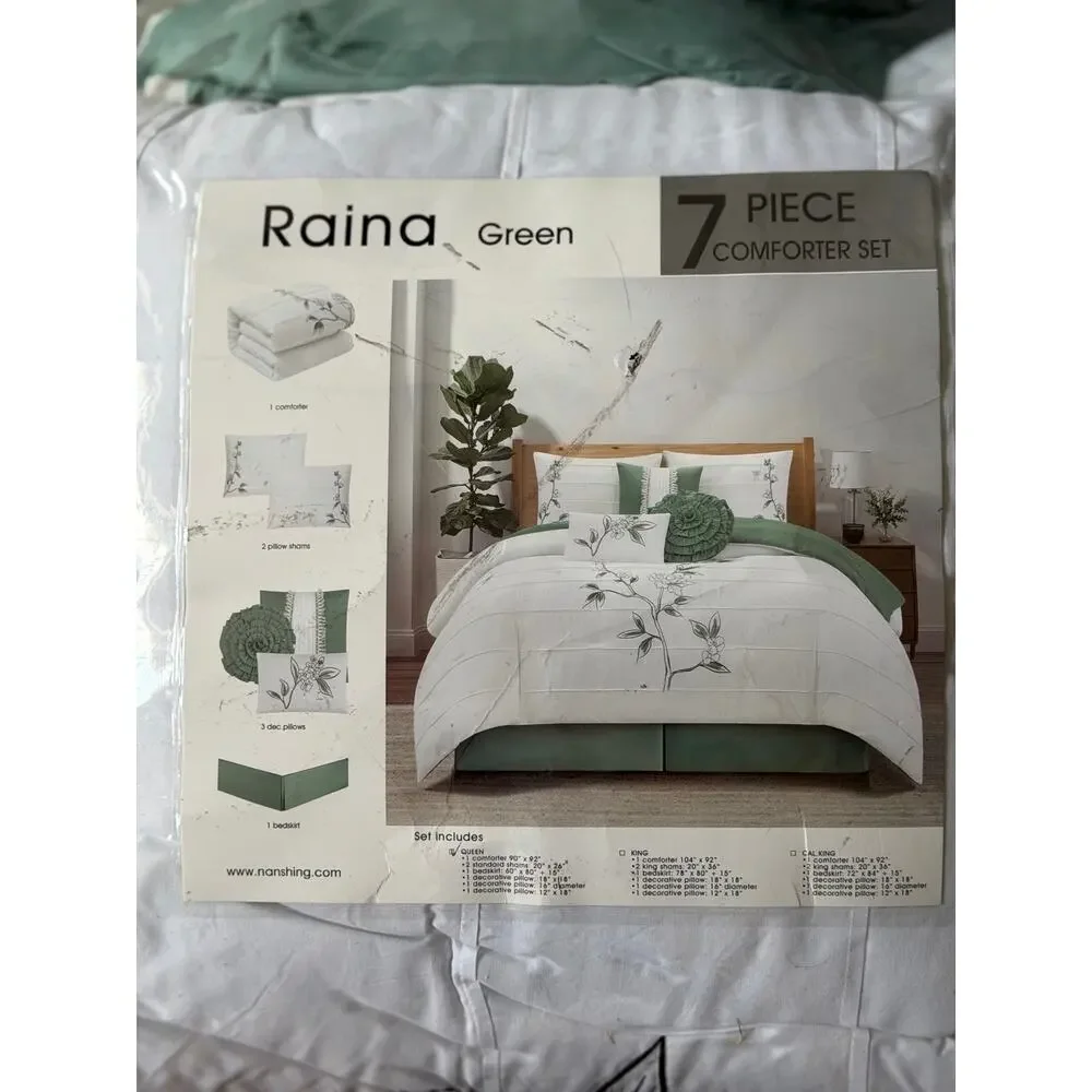 NEW! Nanshing - Raina 7PC Floral Midweight Bedding Comforter Set Queen Green